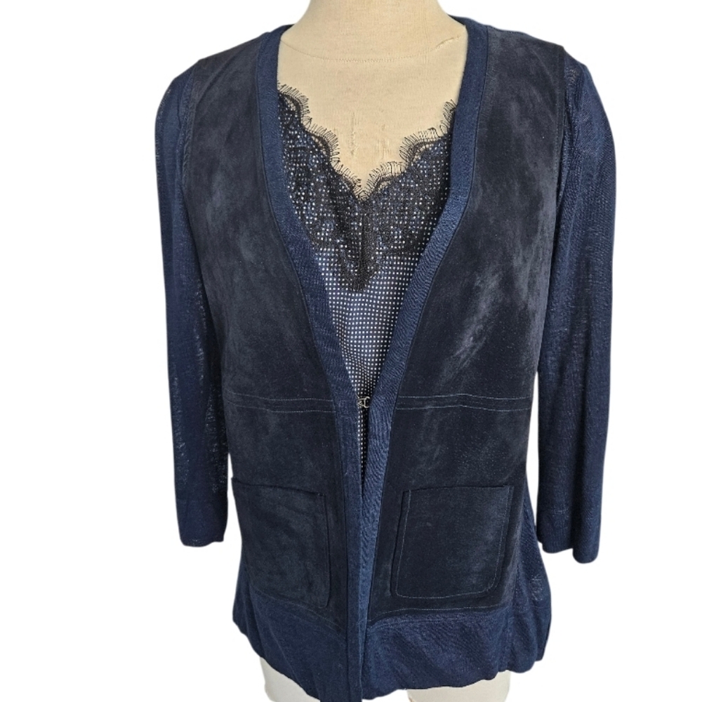 Ecru Deep Blue Linen & Suede Leather  Cardigan